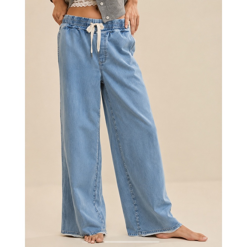 Aerie Blue Denim Wash Wide Leg Sweatpants Drawstring Raw Hem Large